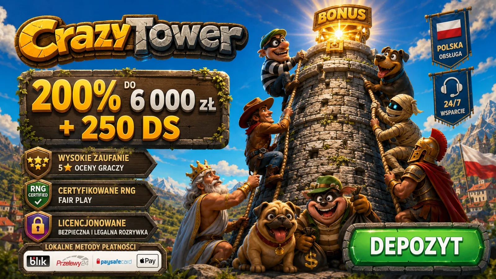 Crazy Tower Kasyno — bonus 200% do 6 000 zł + 250 DS